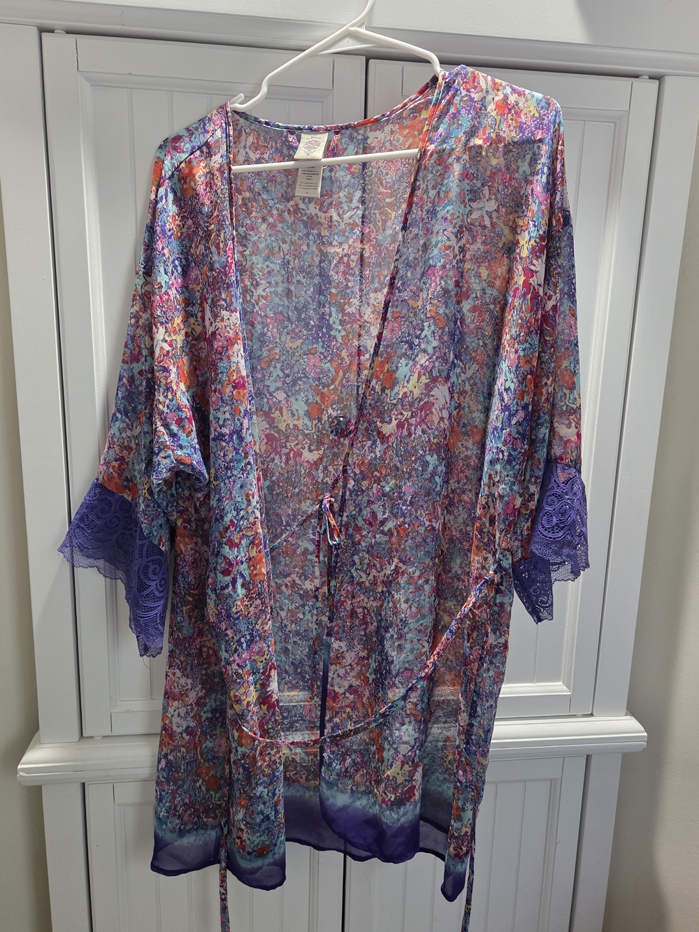 In Bloom Purple Floral Sheer Kimono Robe with Lace Trim Size LG
